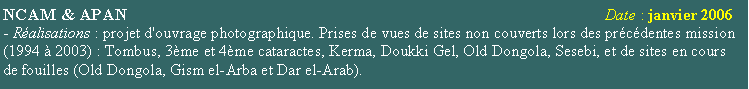 Zone de Texte: NCAM & APAN                                                                                                              Date : janvier 2006- Ralisations : projet d'ouvrage photographique. Prises de vues de sites non couverts lors des prcdentes mission (1994  2003) : Tombus, 3me et 4me cataractes, Kerma, Doukki Gel, Old Dongola, Sesebi, et de sites en cours de fouilles (Old Dongola, Gism el-Arba et Dar el-Arab).