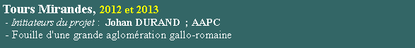 Zone de Texte: Tours Mirandes, 2012 et 2013 - Initiateurs du projet :  Johan DURAND  ; AAPC - Fouille d'une grande aglomration gallo-romaine