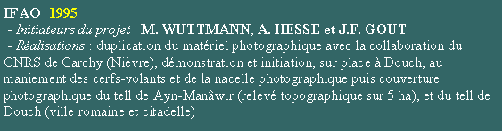 Zone de Texte: IFAO  1995 - Initiateurs du projet : M. WUTTMANN, A. HESSE et J.F. GOUT - Ralisations : duplication du matriel photographique avec la collaboration du CNRS de Garchy (Nivre), dmonstration et initiation, sur place  Douch, au maniement des cerfs-volants et de la nacelle photographique puis couverture photographique du tell de Ayn-Manwir (relev topographique sur 5 ha), et du tell de Douch (ville romaine et citadelle)