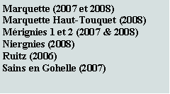 Zone de Texte: Marquette (2007 et 2008)Marquette Haut-Touquet (2008)Mrignies 1 et 2 (2007 & 2008)Niergnies (2008)Ruitz (2006)Sains en Gohelle (2007)
