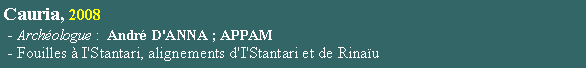 Zone de Texte: Cauria, 2008 - Archologue :  Andr D'ANNA ; APPAM - Fouilles  I'Stantari, alignements d'I'Stantari et de Rinau